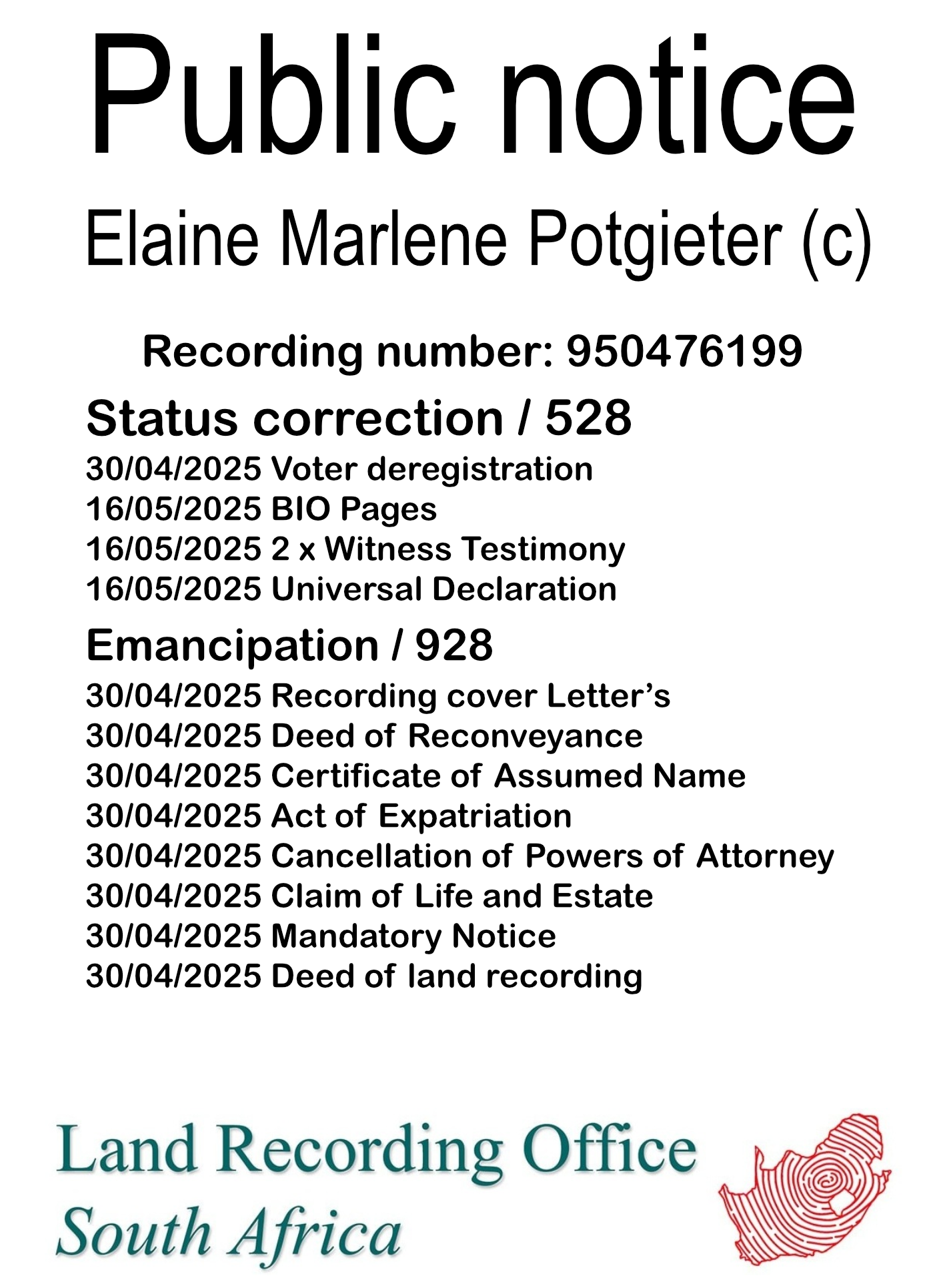 Public notice Elaine Marlene Potgieter Recording number 950476199